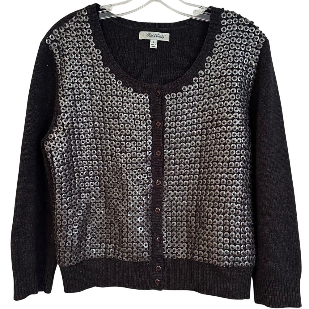 Beth Bowley Cashmere Cardigan Women's‎ Large Charcoal Sequin Party Evening Glam